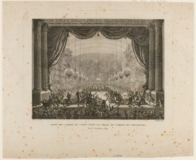 Feest van de Lijfwachten, Vlaamse regimenten, Montmorency-dragonders en Nationale Garde van Versailles. Ze vertrappen de Nationale Kokarde en tonen de zwarte kokarde, een teken van de 