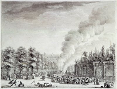 Franse Revolutie: Model van de paus verbrandt in het Palais-Royal, 6 april door Jean Louis the Younger Prieur