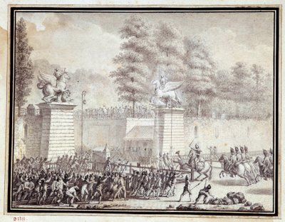 Franse Revolutie: Monsieur de Lambesc betreedt de Tuilerieën met een detachement van het Koninklijk Duitse Regiment op 12 juli 1789 door Jean Louis the Younger Prieur