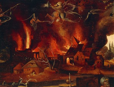 De verleiding van St. Antonius, detail dat de stad in vlammen en demonen toont door Jean Mandyn