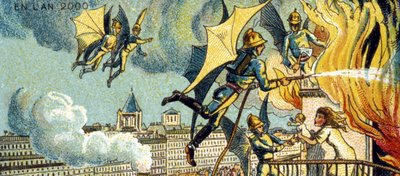 Vliegende brandweerman. Uit de serie Visioenen van het jaar 2000, 1899 door Jean Marc Côté