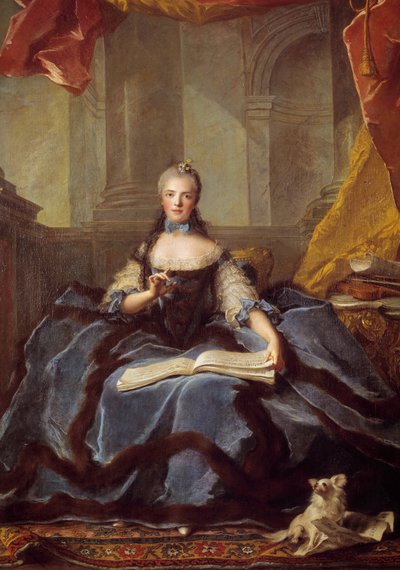 Portret van Marie Adelaide van Frankrijk, bekend als Madame Adelaide (1732-1799), dochter van Lodewijk XV de Geliefde en Marie Leszczynska, afgebeeld in 1758, in hofkleding, met een muziekboek door Jean Marc Nattier