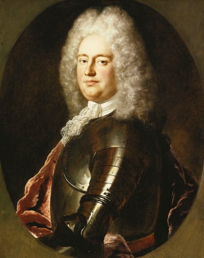 Portret van een heer, half lengte, in harnas, een witte jabot en een karmozijnrode omslagdoek, in een geschilderd ovaal door Jean Marc Nattier