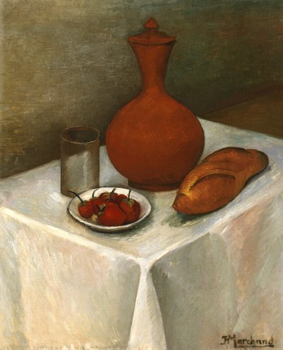 Stilleven met aardewerken kruik, brood en aardbeien door Jean Marchand