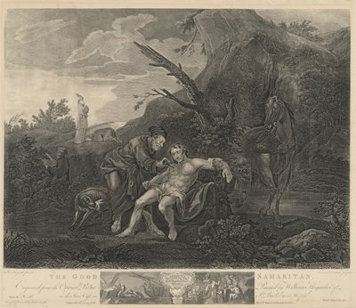 De barmhartige Samaritaan door Jean Marie Delatre and Simon Francois Ravenet I after William Hogarth
