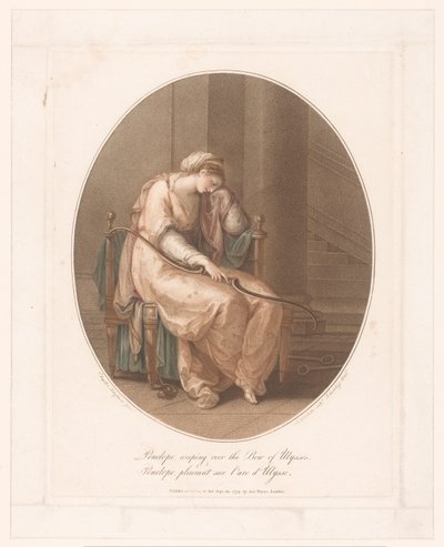 Penelope wenend met de boog van Odysseus in haar hand door Jean Marie Delattre