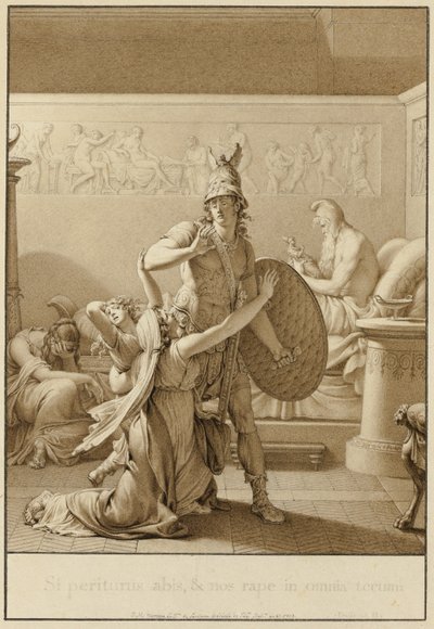 Creusa smeekt Aeneas als hij naar de oorlog vertrekt door Jean Michel Moreau