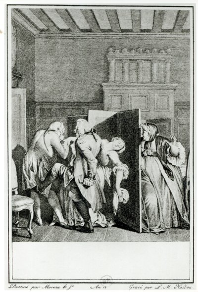 De baron... begroette Candide met enkele opmerkelijke schoppen op de achterste en dreef hem de deur uit, illustratie uit hoofdstuk 1 van Candide door François Voltaire (1694-1778) gegraveerd door Louis Michel Halbou door Jean Michel the Younger Moreau