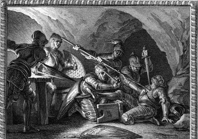 Moord op Waifre (of Gaifier), hertog van Aquitanië (767 of 768). Gravure door Romanet na Moreau le jeune (1779) door Jean Michel the Younger (after) Moreau