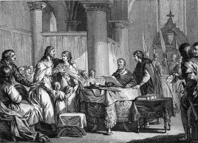 Abdicatie van Carloman (ca. 715-754), burgemeester van het paleis van Austrasië, ten gunste van zijn broer, Pepijn III genaamd Pepijn de Korte (714-768), 747. Gravure door Jean Michel Moreau, genaamd Moreau le Jeune (1741-1814) door Jean Michel the Younger Moreau