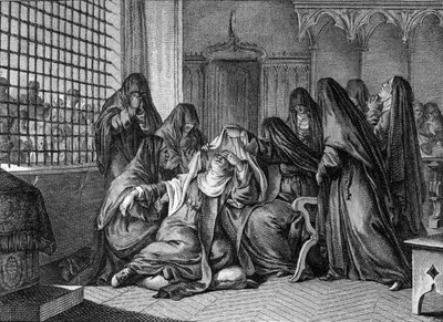 Abelard en Heloise: Heloise neemt de sluier aan in de abdij van de vrouwen van Argenteuil. Gravure door Jean Michel Moreau, genaamd Moreau le Jeune door Jean Michel the Younger Moreau