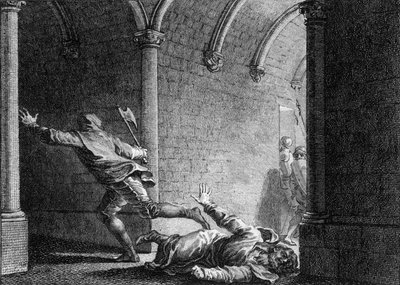 Moord op Ebroin, burgemeester van het paleis van Neustrië, 681: hij werd met een bijl gedood door Hermanfroi, heer van wie hij eigendom had gestolen. Gravure door Jean Michel Moreau, genaamd Moreau le Jeune (1741-1814). door Jean Michel the Younger Moreau