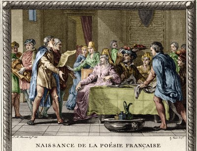 Geboorte van de Franse poëzie: Troubadours, gevolgd door jongleurs en ménestrels, reciteren de eerste gedichten in het Frans tijdens de festiviteiten onder de edelen in de 12e eeuw. Gravure door Moreau le Jeune door Jean Michel the Younger Moreau