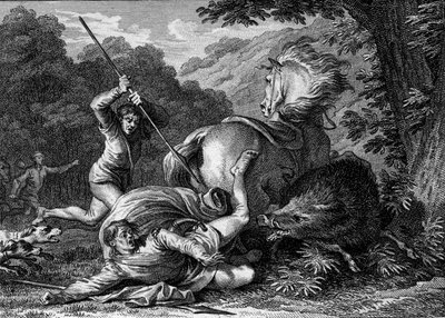 Carloman II stierf tijdens een jachtpartij in 884. Een dienaar stak per ongeluk zijn speer in zijn dij. Gravure door Jean Michel Moreau, genaamd Moreau le Jeune door Jean Michel the Younger Moreau