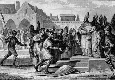 Karel III de Eenvoudige (879-929) wordt hersteld op de troon van Frankrijk door Foulques, aartsbisschop van Reims, 892. Gravure door Jean Michel Moreau, genaamd Moreau le Jeune (1741-1814) door Jean Michel the Younger Moreau