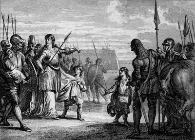 Karel Martel naar de gevangenis gestuurd, 714: Plectrude (ca. 650-717), weduwe van Pepijn van Herstal, stuurde de jonge Karel Martel (688-741) naar de gevangenis om hem van de macht te verwijderen. Gravure door Jean Michel Moreau, genaamd Moreau le Jeune ( door Jean Michel the Younger Moreau