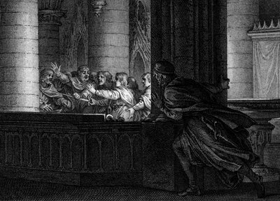 Samenzwering tegen Karel de Grote, 792: een heer betrapt het gesprek tussen samenzweerders die de moord op de koning van de Franken plannen. Onder hen Pepijn de Gebochelde, zoon van Karel de Grote. Gravure door Jean Michel Moreau, genaamd Moreau le Jeune door Jean Michel the Younger Moreau