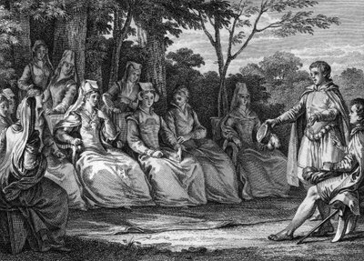Hof van Liefde in de Middeleeuwen in aanwezigheid van de troubadours - Gravure door Jean Michel Moreau, genaamd Moreau le Jeune door Jean Michel the Younger Moreau