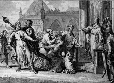 Dagobert I (602/605-638), koning van de Franken, probeert de koninklijke autoriteit in Bourgondië te doen gelden door de klachten van de inwoners tegen hun heren te horen. Gravure door Jean Michel Moreau, genaamd Moreau le Jeune (1741-1814). door Jean Michel the Younger Moreau
