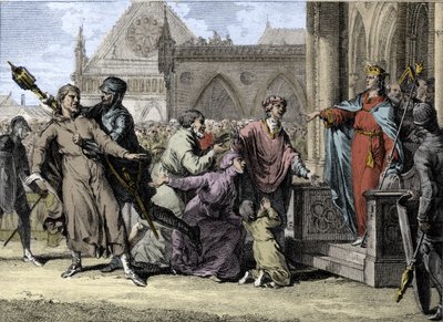 Dagobert I (602/605-638), koning der Franken, probeert het koninklijk gezag in Bourgondië te handhaven door de klachten van de inwoners tegen hun heren aan te horen. Gravure door Jean Michel Moreau, genaamd Moreau le Jeune (1741-1814) door Jean Michel the Younger Moreau