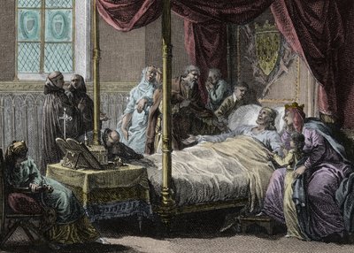 Dood van Dagobert I (602/605-638), koning der Franken, in aanwezigheid van zijn vrouw, koningin Nantilde (ca. 610-642) en zijn zoon, de toekomstige Clovis II (ca. 635-657). Gravure door Jean Michel Moreau, genaamd Moreau le Jeune (1741-1814) door Jean Michel the Younger Moreau