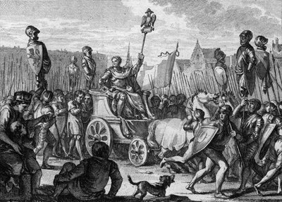 Defilé door Filips II August (1165-1223) in de straten van Parijs, na de overwinning van het Franse leger tegen de Vlamingen en Welfen van Otto IV in de Slag bij Bouvines door Jean Michel the Younger Moreau
