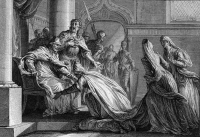 Emma van Frankrijk (894-934), zus van Hugo de Grote (897-956), knielt aan haar voeten. Getrouwd met Raoul van Bourgondië (of Rodolphe, 890-936), besloot ze, op verzoek van haar broer, de kroon van Frankrijk aan haar man te geven, verklarend 