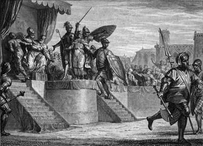 Einde van de Merovingische dynastie, 751: afzetting van koning Childerik III (ca. 714-754) door Pepijn de Korte (714-768). Gravure door Jean Michel Moreau, genaamd Moreau le Jeune (1741-1814) door Jean Michel the Younger Moreau