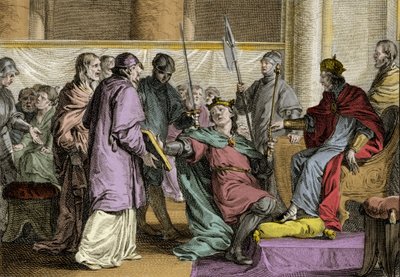 Erispoe (overleden 857), koning van Bretagne, ontvangt de ornamenten van het koninkrijk uit de handen van Karel II de Kale (823-877), 851. Gravure door Jean Michel Moreau, genaamd Moreau le Jeune (1741-1814) door Jean Michel the Younger Moreau