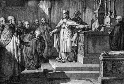 Hugues Capet herstelde de canonieke verkiezingen: de koning van de Franken liet de monniken hun abten kiezen door een staf en een mijter op een altaar te plaatsen. Gravure door Jean Michel Moreau, genaamd Moreau le Jeune door Jean Michel the Younger Moreau