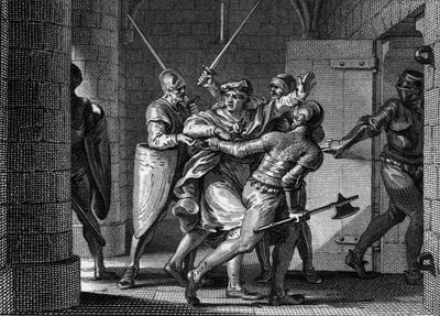Gevangenneming van Karel III de Eenvoudige (879-929), 923: Gelovend dat hij toevlucht zou vinden bij Herbert van Vermandois, werd de voormalige koning van de Franken verraden door de laatste en naar de gevangenis gestuurd. Gravure door Jean Michel Moreau,  door Jean Michel the Younger Moreau