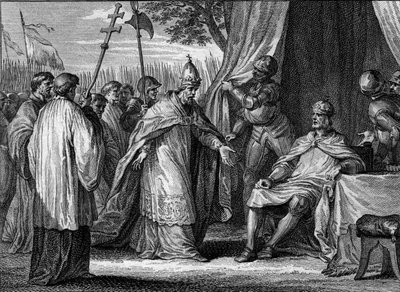 Interview tussen Paus Gregorius IV (overleden 844) en Lodewijk I de Vrome (778-840), in 833, om het geschil tussen de koning en zijn zonen, Lotharius, Pepijn en Lodewijk, te beslechten. Gravure door Jean Michel Moreau, genaamd Moreau le Jeune (1741-1814) door Jean Michel the Younger Moreau