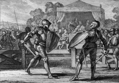 Rechtspraak onder de Capetingers: een duel in harnas tussen twee vazallen om een geschil te beslechten. Een hof probeerde eerst hun geschil op te lossen. Bij mislukking zouden ze een gevecht op leven en dood aangaan. 10e-11e eeuw. Gravure door Jean Michel the Younger Moreau