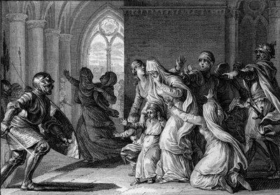 Lodewijk I de Vrome (de Debonnaire) verjaagt zijn zusters en neven uit het paleis, 814. Ze worden beschuldigd van samenzwering tegen hem. Gravure door Jean Michel Moreau, genaamd Moreau le Jeune (1741-1814) door Jean Michel the Younger Moreau