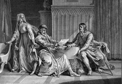 Lodewijk de Dikke (1081-1137) toont zijn vader, Filips I (1052-1108), de brief waarin hij naar verluidt de koning van Engeland vroeg om Lodewijk te vermoorden. Bertrade de Montfort (ca. 1070-1118), vrouw van Filips en vermeend auteur van de brief, is ook a door Jean Michel the Younger Moreau