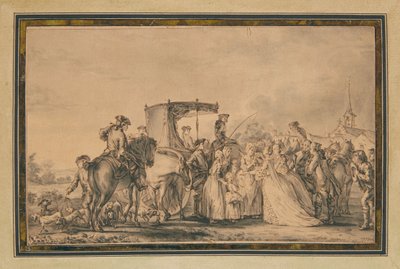 Marie Antoinette, die haar koets verlaat en omringd wordt door haar gevolg, troost een boer door Jean Michel the Younger Moreau