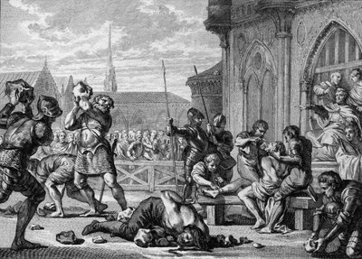 Martelaarschap van Saint Leger en Graaf Guarin, 675: de bisschop Saint Leger (616-675), rechts, heeft zijn tong en lippen afgesneden. Zijn broer, Graaf Guarin (links) wordt gestenigd. Gravure door Jean Michel Moreau, genaamd Moreau le Jeune (1741-1814) door Jean Michel the Younger Moreau