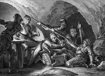 Ontmoeting van het Hertogdom Aquitanië met de Kroon: Moord op Waifre (of Gaifier), hertog van Aquitanië (767 of 768). Gravure door Romanet naar Moreau le jeune (1779). door Jean Michel the Younger Moreau