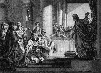 Paus Gregorius III (overleden 741) vroeg om hulp van de koning van de Franken, Karel Martel (688-741), om de Lombardische troepen van Italië af te weren, 741. Gravure door Jean Michel Moreau, genaamd Moreau le Jeune door Jean Michel the Younger Moreau