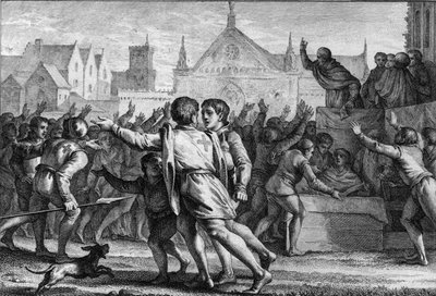 Paus Urbanus II (1042-1099) spreekt de menigte toe op het Concilie van Clermont om de bevolking aan te moedigen deel te nemen aan de Eerste Kruistocht en het rode kruis van stof te ontvangen, symbool van de gravures. door Jean Michel the Younger Moreau