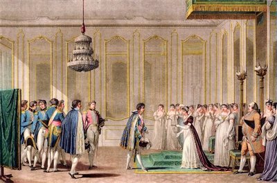 Huwelijksaanzoek bij volmacht van Napoleon gepresenteerd aan de keizerin van Oostenrijk door prins van Neufchatel (Louis-Alexandre Berthier) - gravure naar Jean-Michel Moreau le jeune door Jean Michel the Younger Moreau