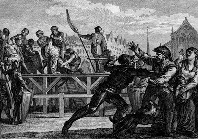 Straf van Bernard, koning van Italië, 818: hij stierf omdat hij in opstand kwam tegen Lodewijk I de Vrome. Gravure door Jean Michel Moreau, genaamd Moreau le Jeune door Jean Michel the Younger Moreau
