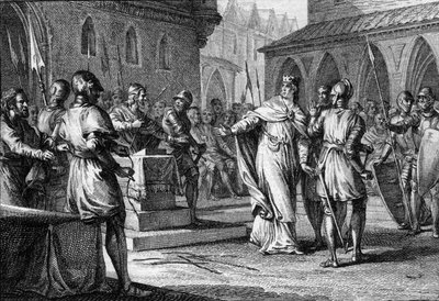 Opstand tegen Karel III de Eenvoudige door de heren onder leiding van Robert (865-923) die in 922 koning van Frankrijk werd als Robert I, Soissons 920 (gravure) door Jean Michel the Younger Moreau