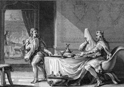 Robert II de Vrome (ca. 970-1031), koning van Frankrijk, geëxcommuniceerd in 997 na zijn huwelijk met zijn nicht Berthe van Bourgondië. Gravure door Moreau de Jonge, 18e eeuw. door Jean Michel the Younger Moreau