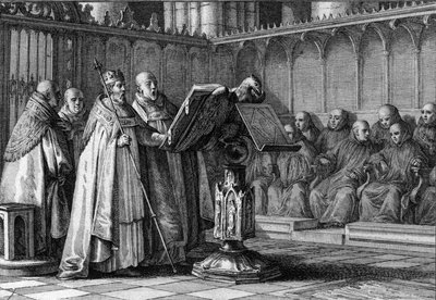 Robert II de Vrome, koning van de Franken, zingt tijdens een religieuze dienst voor een lessenaar. Hij draagt zijn kroon en houdt zijn scepter vast. Gravure door Jean Michel Moreau, genaamd Moreau le Jeune door Jean Michel the Younger Moreau