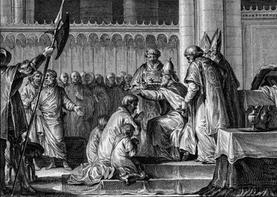 Heilige Pepijn de Korte (714-768), Basiliek van Saint Denis, 28 juli 754: Paus Stefanus II wijdde hem tot koning van de Franken en Patricius van de Romeinen. Aan zijn zijde zijn twee zonen, Carloman en Karel (de toekomstige Karel de Grote). Gravure door Jean Michel the Younger Moreau