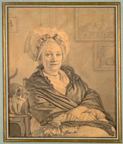 Zittende vrouw met een kat door Jean Michel the Younger Moreau