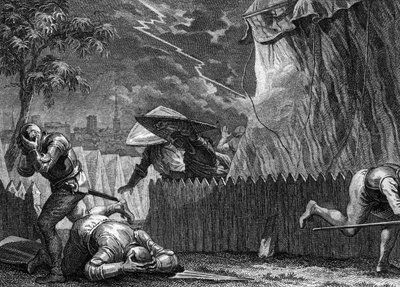 Beleg van Poitiers, 954: tijdens een storm vernietigde een bliksem de tent van Hugo de Grote (897-956). Gravure door Jean Michel Moreau, genaamd Moreau le Jeune door Jean Michel the Younger Moreau