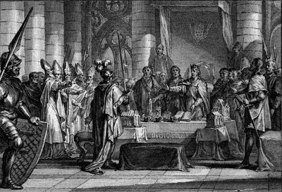 Opvolging van Lodewijk I de Vrome of de Goedmoedige, 816: de keizer van het Westen (778-840) voor de drie kronen die de verdeling van zijn rijk in drie koninkrijken symboliseren, elk voor een van zijn zonen (Lotharius, Pepijn, Lodewijk). Gravure door Jean  door Jean Michel the Younger Moreau