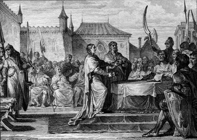 Opvolging van Pepijn de Korte, 768: een vergadering besloot het koninkrijk te verdelen tussen zijn twee zonen, Karel de Grote (747-814) en Carloman (ca. 751-771), waardoor de regelingen van Pepijn de Korte werden doorbroken. Gravure door Jean Michel Moreau door Jean Michel the Younger Moreau